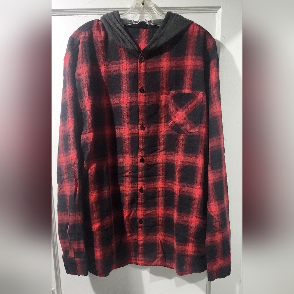 Men's Red and Black Plaid Shirt with grey hood
